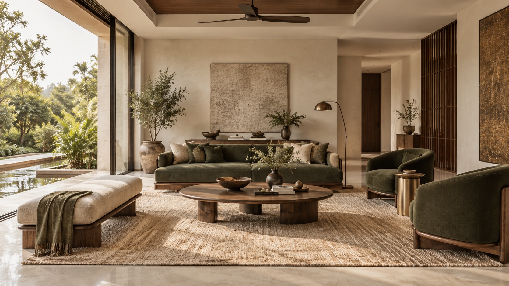 Interior design concept with natural stone, olive upholstery and warm wood